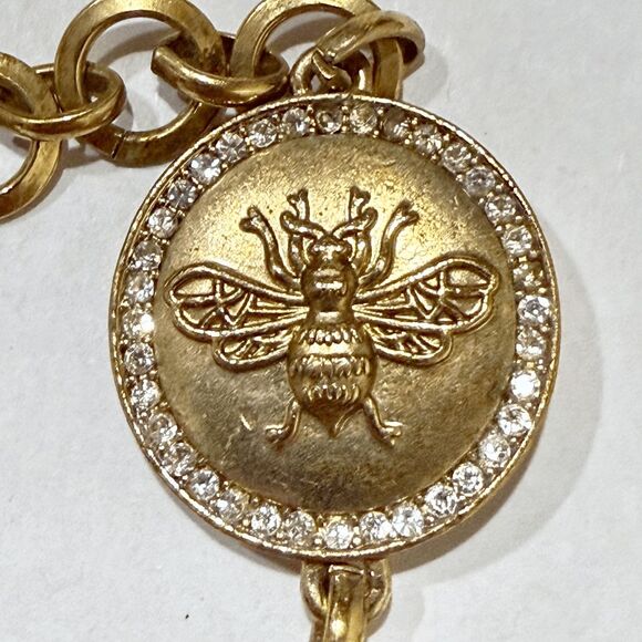 Gold-Tone Bee Medallion Necklace 60” Rhinestone/Filigree Statement Chain - Picture 4 of 5